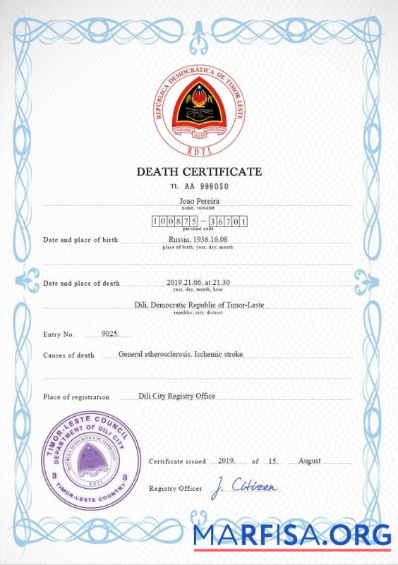 Printable Timor Leste vital record death certificate PSD template